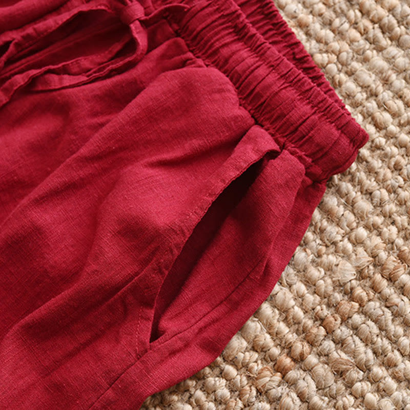 Nimara Ritual Loose Cotton Linen Drawstring Wide Leg Pants With Pockets