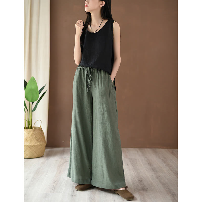 Nimara Ritual Loose Cotton Linen Drawstring Wide Leg Pants With Pockets