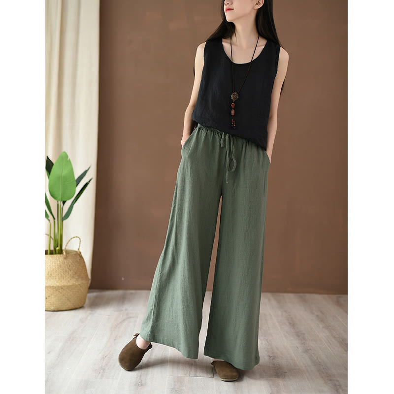 Nimara Ritual Loose Cotton Linen Drawstring Wide Leg Pants With Pockets