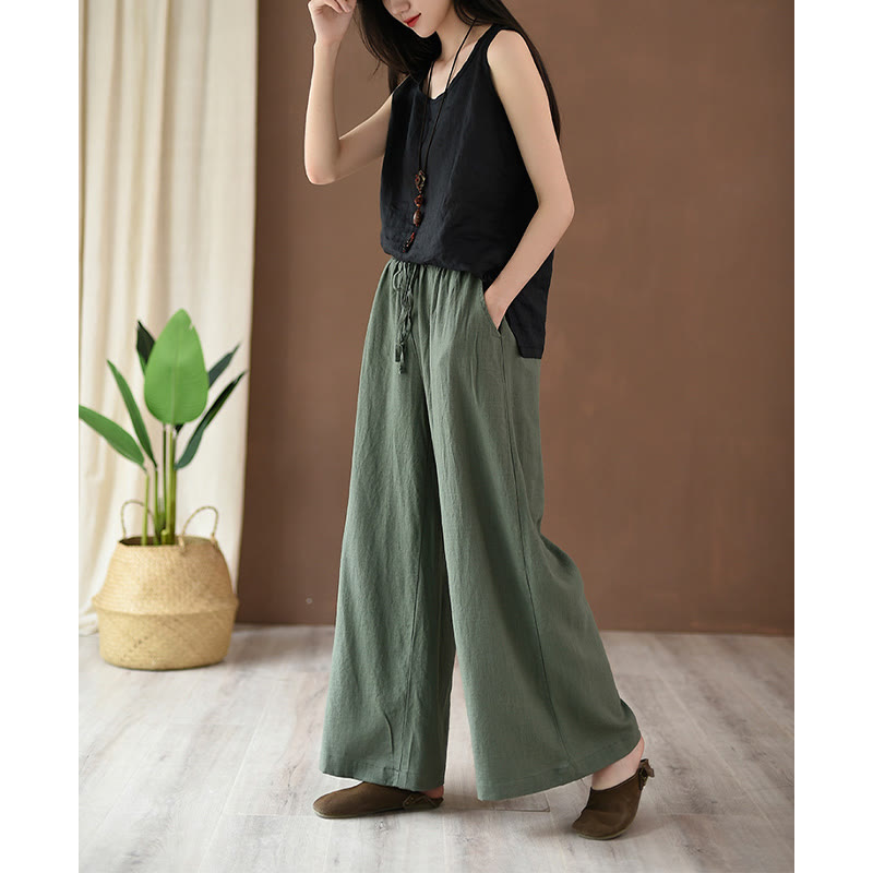 Nimara Ritual Loose Cotton Linen Drawstring Wide Leg Pants With Pockets
