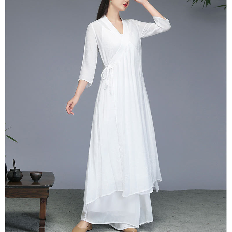 Nimara Ritual Hanfu Style Midi Dress Wide Leg Pants Meditation Zen Practice Yoga Dance Clothing