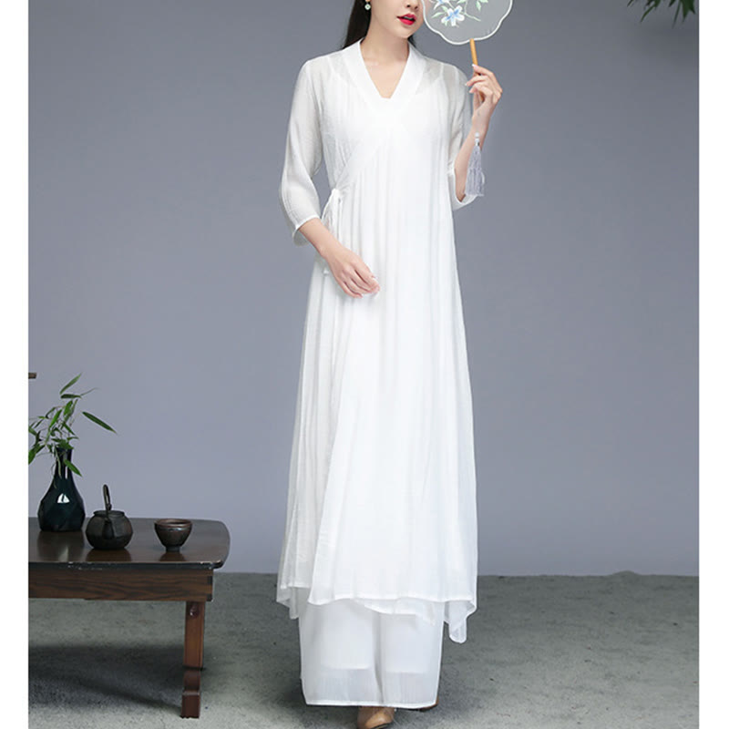 Nimara Ritual Hanfu Style Midi Dress Wide Leg Pants Meditation Zen Practice Yoga Dance Clothing