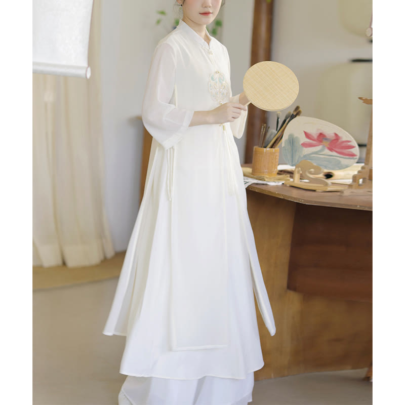Nimara Ritual Embroidery Chiffon Cheongsam Midi Dress Wide Leg Pants Meditation Zen Practice Clothing