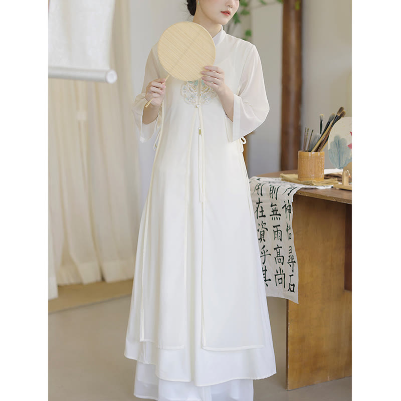 Nimara Ritual Embroidery Chiffon Cheongsam Midi Dress Wide Leg Pants Meditation Zen Practice Clothing
