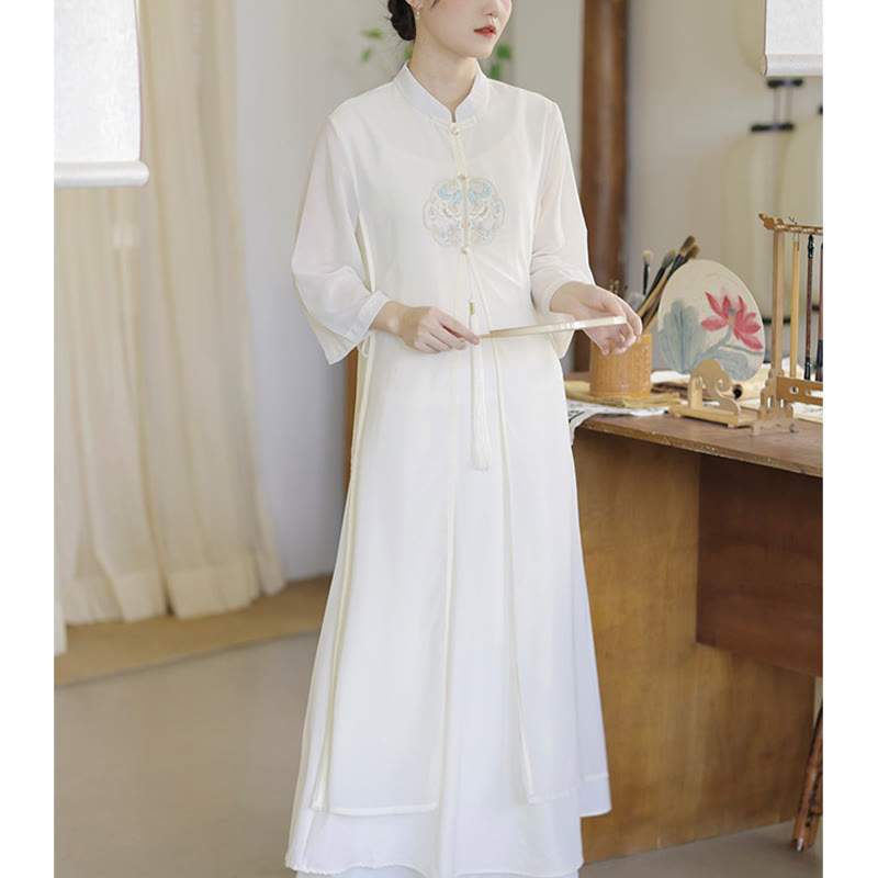 Nimara Ritual Embroidery Chiffon Cheongsam Midi Dress Wide Leg Pants Meditation Zen Practice Clothing