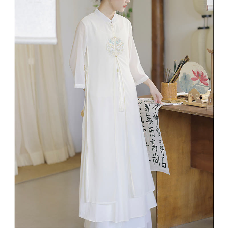 Nimara Ritual Embroidery Chiffon Cheongsam Midi Dress Wide Leg Pants Meditation Zen Practice Clothing