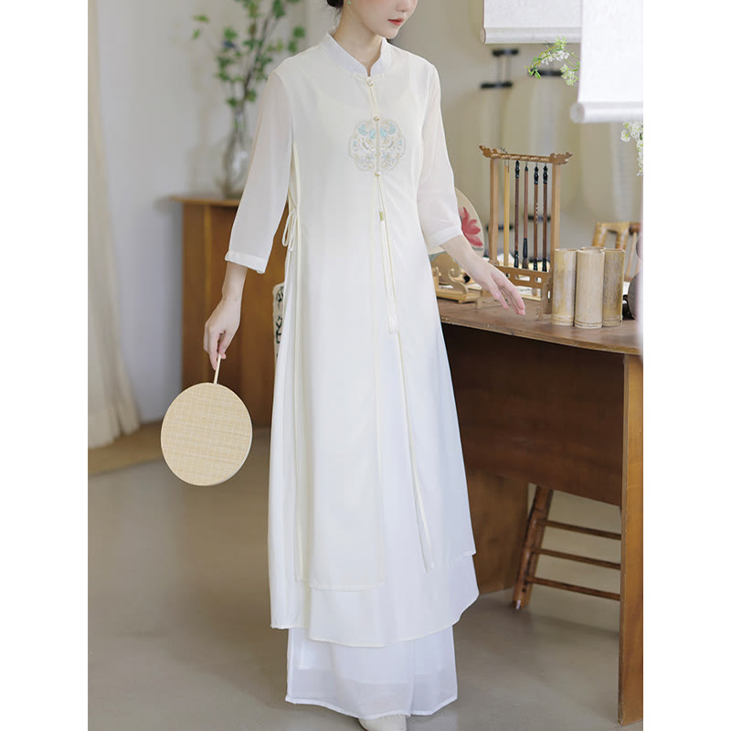 Nimara Ritual Embroidery Chiffon Cheongsam Midi Dress Wide Leg Pants Meditation Zen Practice Clothing