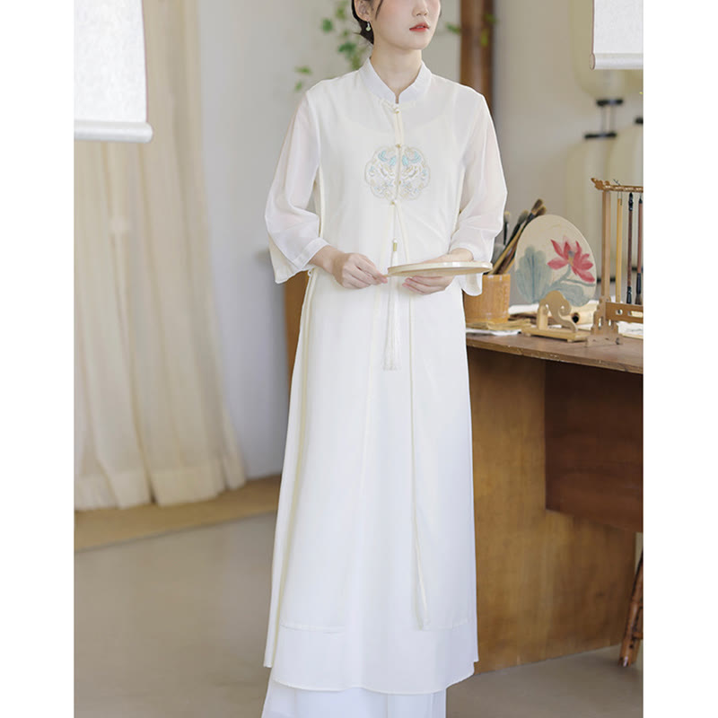 Nimara Ritual Embroidery Chiffon Cheongsam Midi Dress Wide Leg Pants Meditation Zen Practice Clothing
