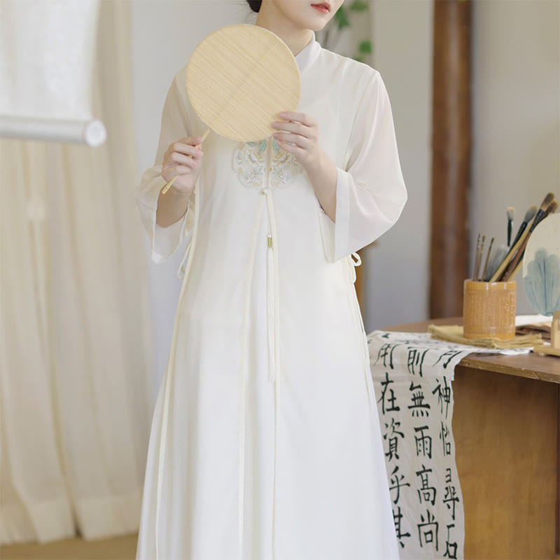 Nimara Ritual Embroidery Chiffon Cheongsam Midi Dress Wide Leg Pants Meditation Zen Practice Clothing