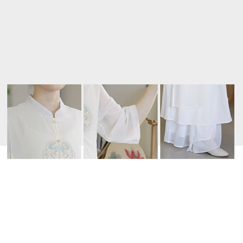Nimara Ritual Embroidery Chiffon Cheongsam Midi Dress Wide Leg Pants Meditation Zen Practice Clothing