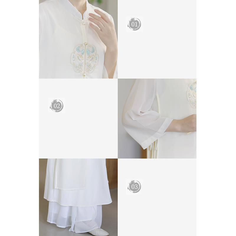 Nimara Ritual Embroidery Chiffon Cheongsam Midi Dress Wide Leg Pants Meditation Zen Practice Clothing