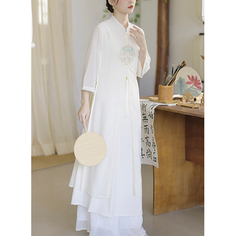 Nimara Ritual Embroidery Chiffon Cheongsam Midi Dress Wide Leg Pants Meditation Zen Practice Clothing