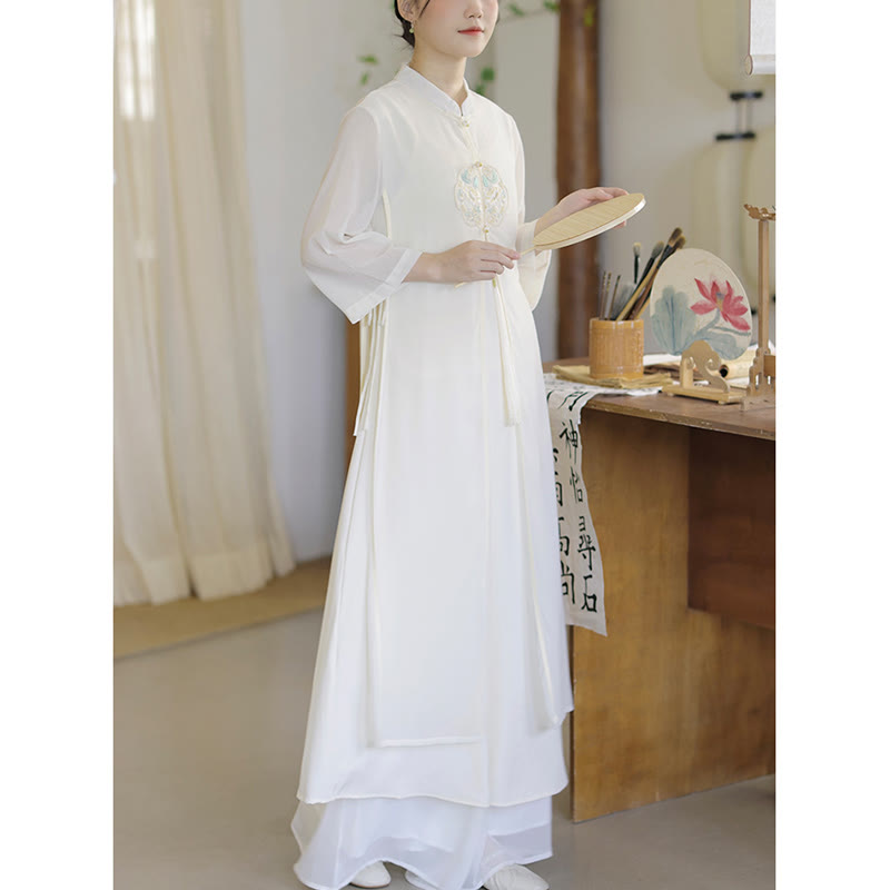 Nimara Ritual Embroidery Chiffon Cheongsam Midi Dress Wide Leg Pants Meditation Zen Practice Clothing