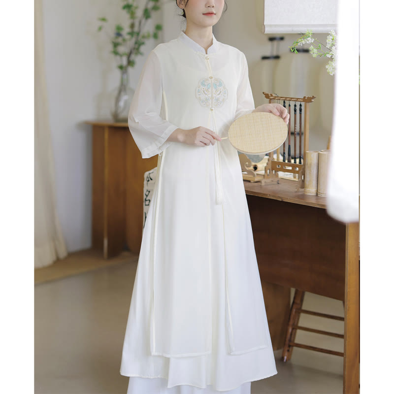 Nimara Ritual Embroidery Chiffon Cheongsam Midi Dress Wide Leg Pants Meditation Zen Practice Clothing