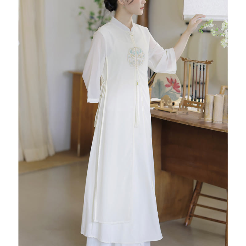 Nimara Ritual Embroidery Chiffon Cheongsam Midi Dress Wide Leg Pants Meditation Zen Practice Clothing