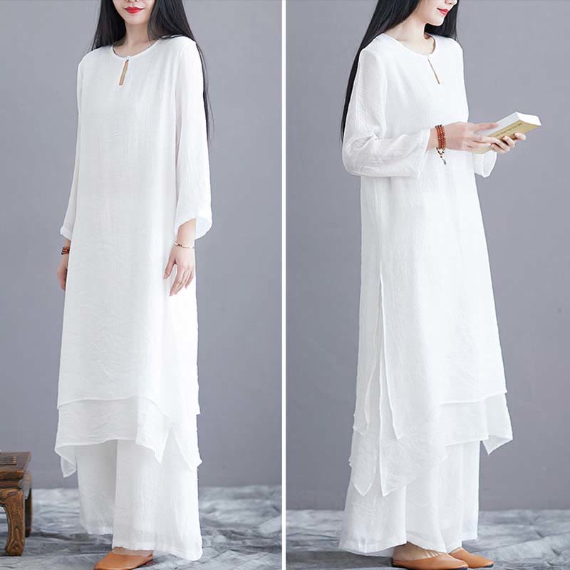 Nimara Ritual 2Pcs Solid Color Midi Dress Wide Leg Pants Meditation Spiritual Zen Practice Yoga Dance Clothing