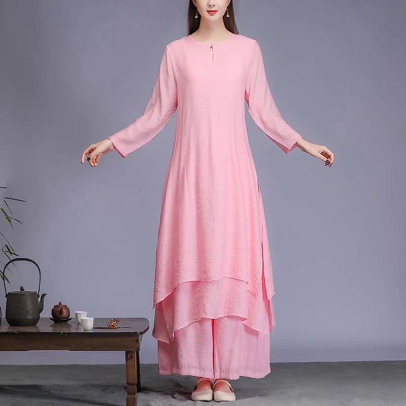 Nimara Ritual 2Pcs Solid Color Midi Dress Wide Leg Pants Meditation Spiritual Zen Practice Yoga Dance Clothing