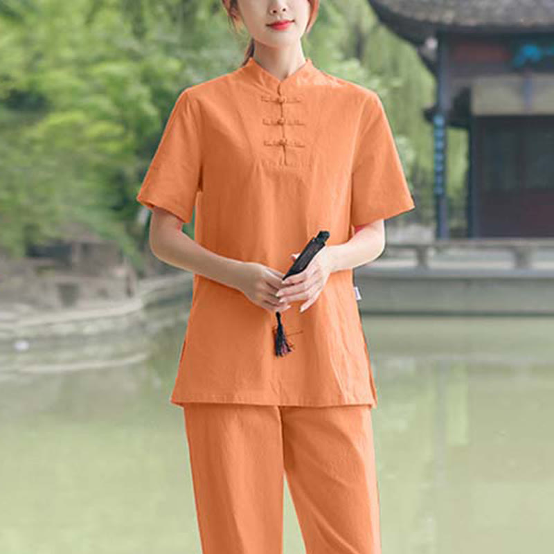Nimara Ritual 2Pcs Women's Short Sleeve Shirt Top T-Shirt Pants Meditation Zen Tai Chi Cotton Linen Clothing Set