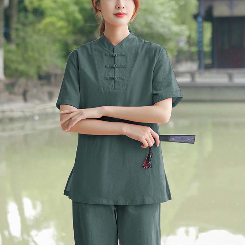 Nimara Ritual 2Pcs Women's Short Sleeve Shirt Top T-Shirt Pants Meditation Zen Tai Chi Cotton Linen Clothing Set