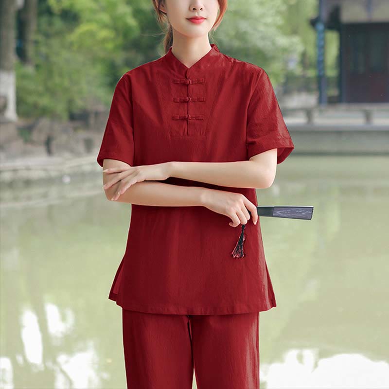 Nimara Ritual 2Pcs Women's Short Sleeve Shirt Top T-Shirt Pants Meditation Zen Tai Chi Cotton Linen Clothing Set
