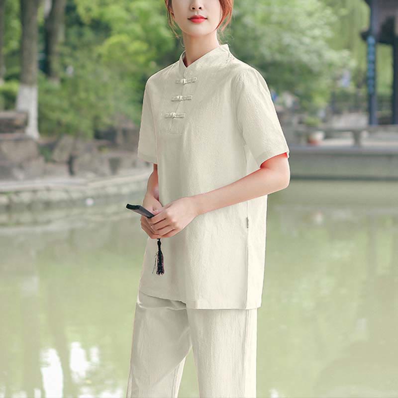 Nimara Ritual 2Pcs Women's Short Sleeve Shirt Top T-Shirt Pants Meditation Zen Tai Chi Cotton Linen Clothing Set