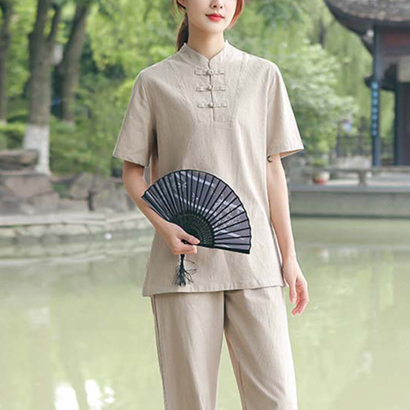 Nimara Ritual 2Pcs Women's Short Sleeve Shirt Top T-Shirt Pants Meditation Zen Tai Chi Cotton Linen Clothing Set