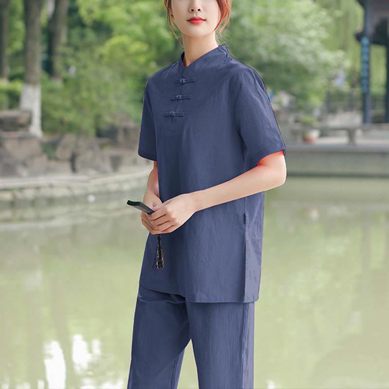 Nimara Ritual 2Pcs Women's Short Sleeve Shirt Top T-Shirt Pants Meditation Zen Tai Chi Cotton Linen Clothing Set