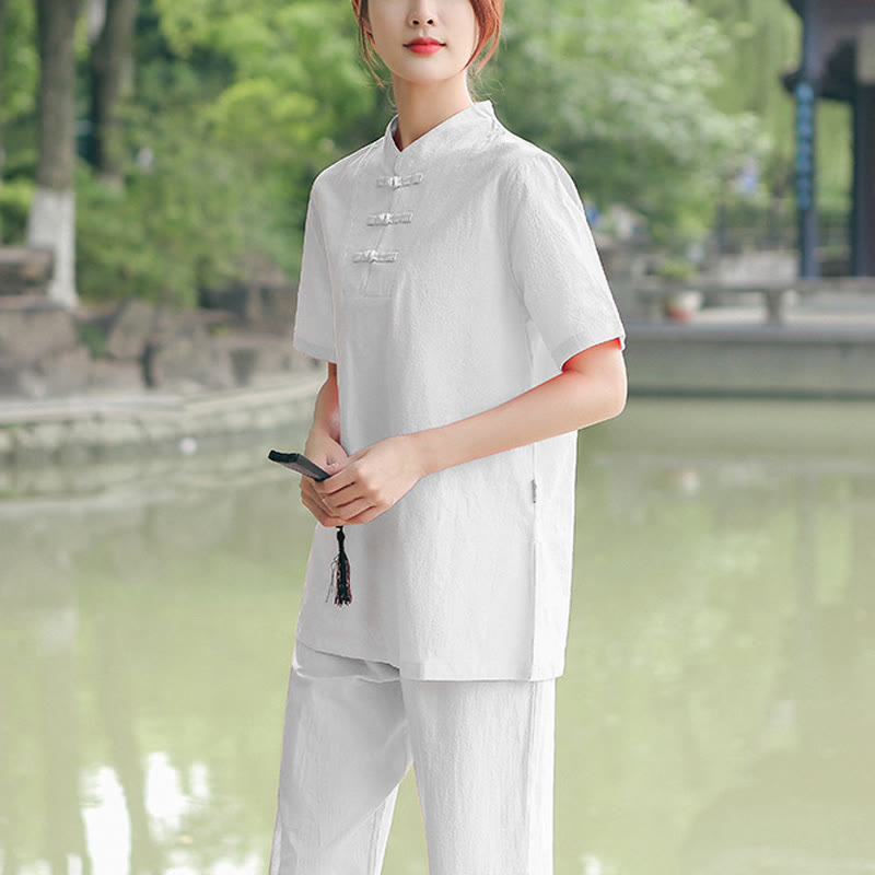 Nimara Ritual 2Pcs Women's Short Sleeve Shirt Top T-Shirt Pants Meditation Zen Tai Chi Cotton Linen Clothing Set