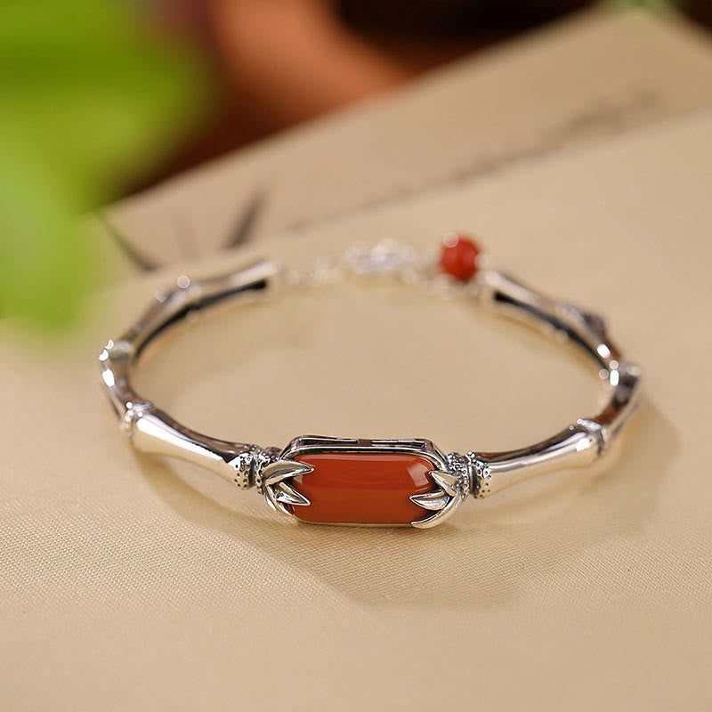 Nimara Ritual 925 Sterling Silver Red Agate Bamboo Pattern Calm Bracelet Ring Jewelry Set