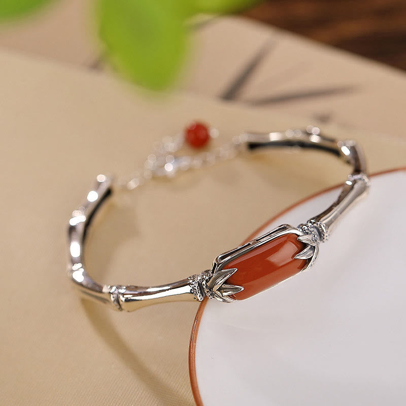 Nimara Ritual 925 Sterling Silver Red Agate Bamboo Pattern Calm Bracelet Ring Jewelry Set