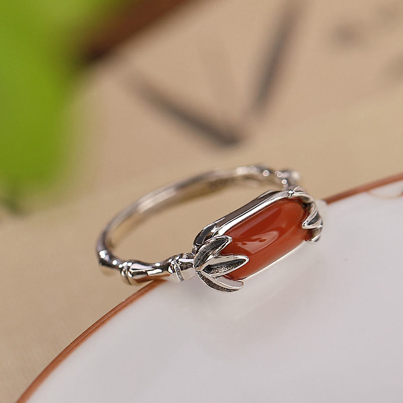 Nimara Ritual 925 Sterling Silver Red Agate Bamboo Pattern Calm Bracelet Ring Jewelry Set
