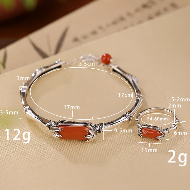 Nimara Ritual 925 Sterling Silver Red Agate Bamboo Pattern Calm Bracelet Ring Jewelry Set