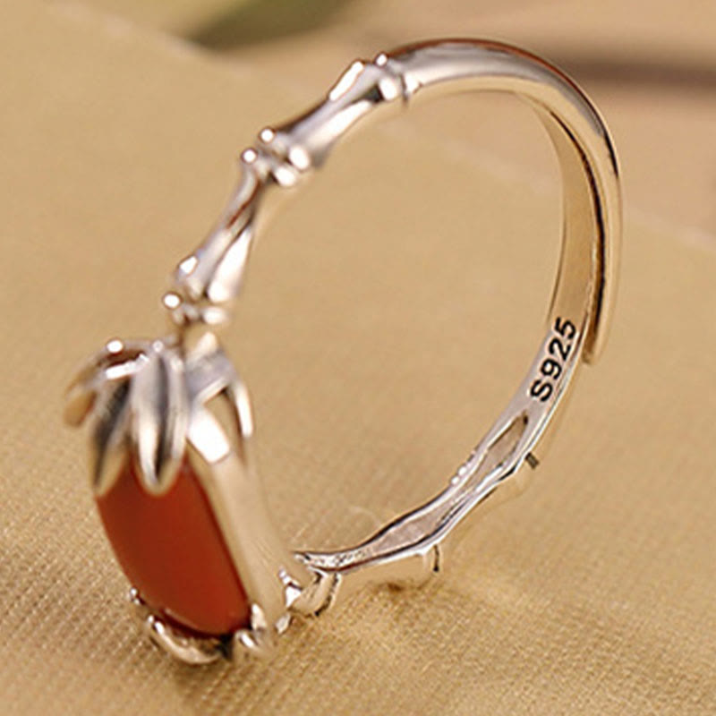 Nimara Ritual 925 Sterling Silver Red Agate Bamboo Pattern Calm Bracelet Ring Jewelry Set