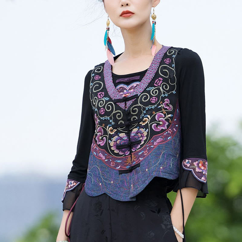 Nimara Ritual Vintage Frog-Button Embroidery Purple Flower Tang Suit Design Sleeveless Vest