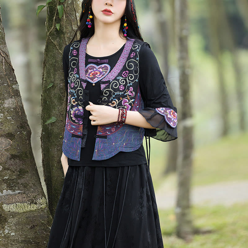 Nimara Ritual Vintage Frog-Button Embroidery Purple Flower Tang Suit Design Sleeveless Vest