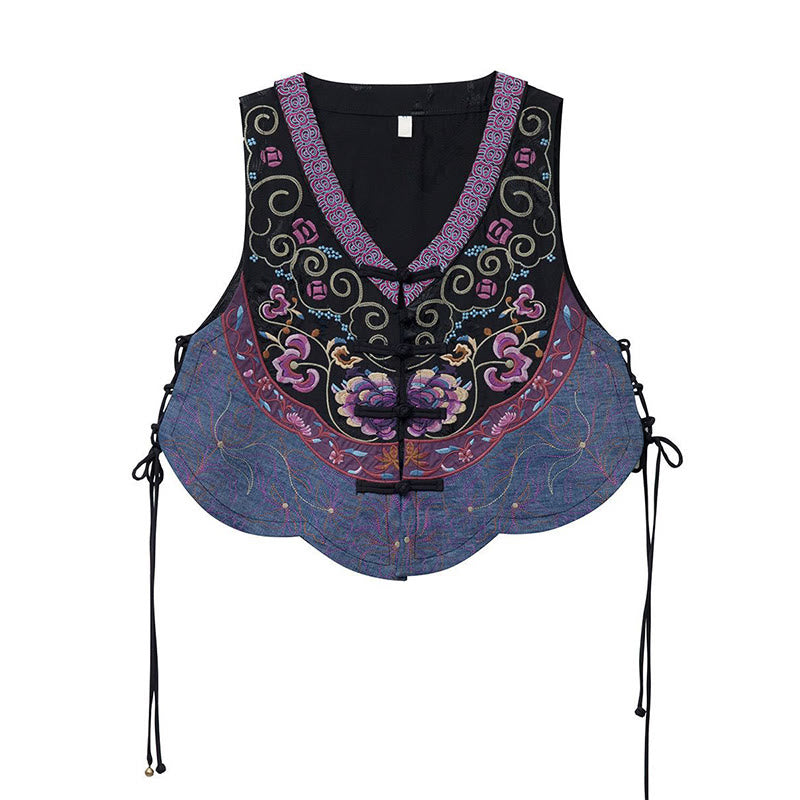 Nimara Ritual Vintage Frog-Button Embroidery Purple Flower Tang Suit Design Sleeveless Vest