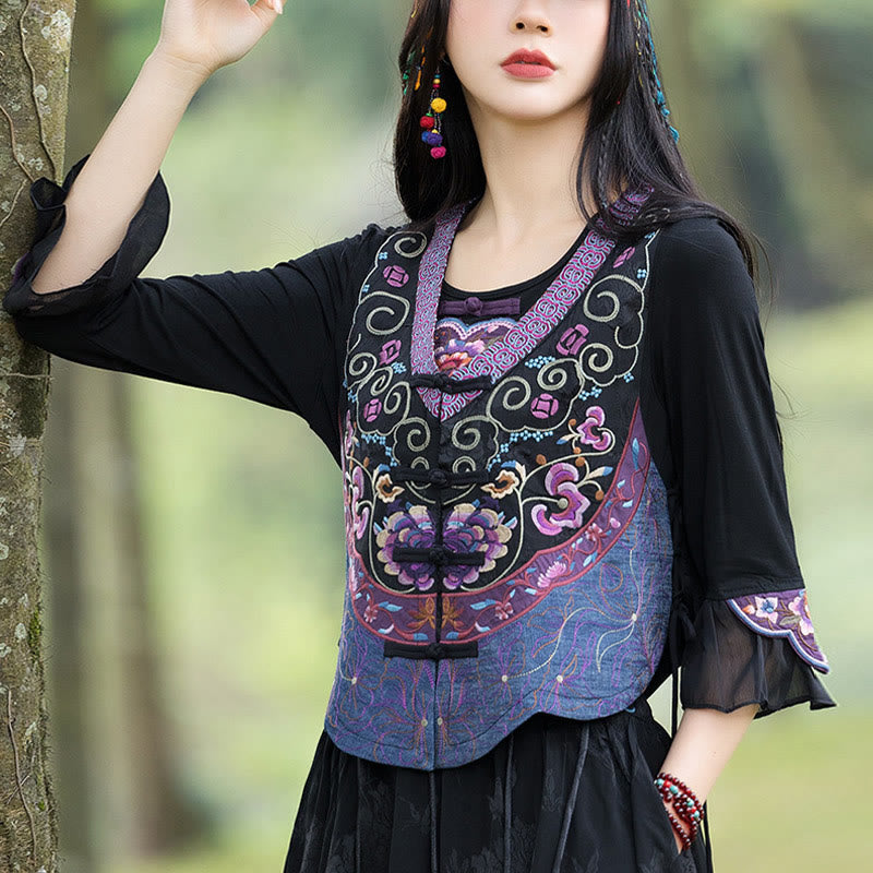 Nimara Ritual Vintage Frog-Button Embroidery Purple Flower Tang Suit Design Sleeveless Vest