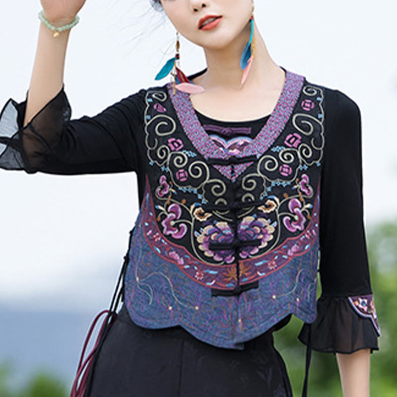 Nimara Ritual Vintage Frog-Button Embroidery Purple Flower Tang Suit Design Sleeveless Vest