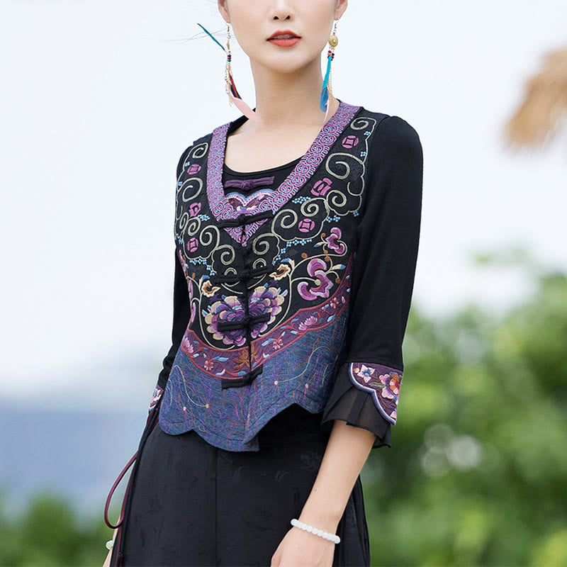 Nimara Ritual Vintage Frog-Button Embroidery Purple Flower Tang Suit Design Sleeveless Vest
