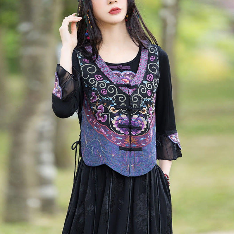 Nimara Ritual Vintage Frog-Button Embroidery Purple Flower Tang Suit Design Sleeveless Vest