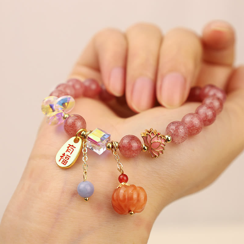 Nimara Ritual Natural Strawberry Quartz Fu Character Pumpkin Charm Positive Bracelet