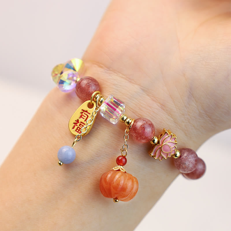 Nimara Ritual Natural Strawberry Quartz Fu Character Pumpkin Charm Positive Bracelet