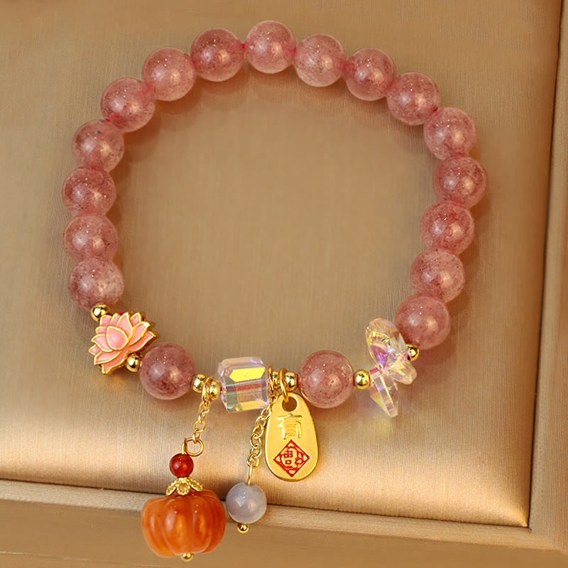 Nimara Ritual Natural Strawberry Quartz Fu Character Pumpkin Charm Positive Bracelet