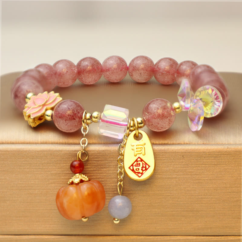 Nimara Ritual Natural Strawberry Quartz Fu Character Pumpkin Charm Positive Bracelet