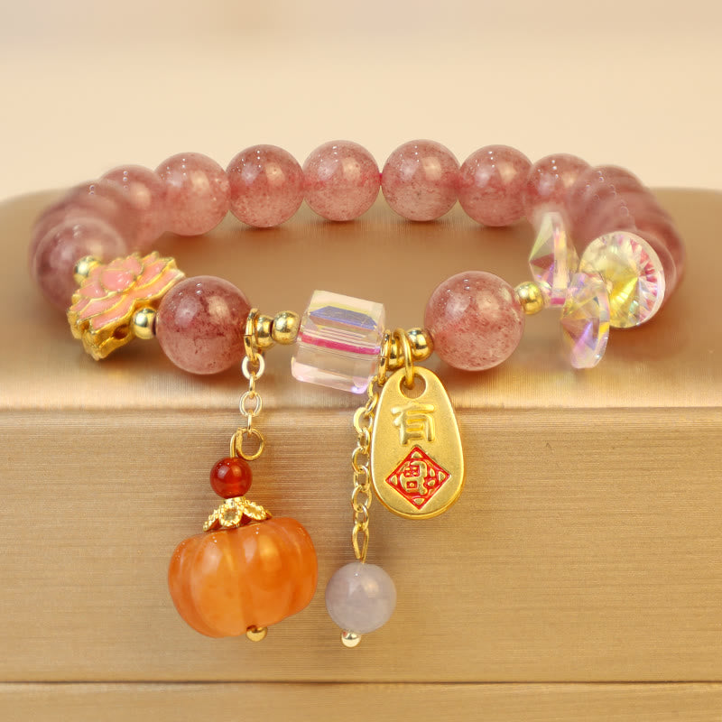 Nimara Ritual Natural Strawberry Quartz Fu Character Pumpkin Charm Positive Bracelet