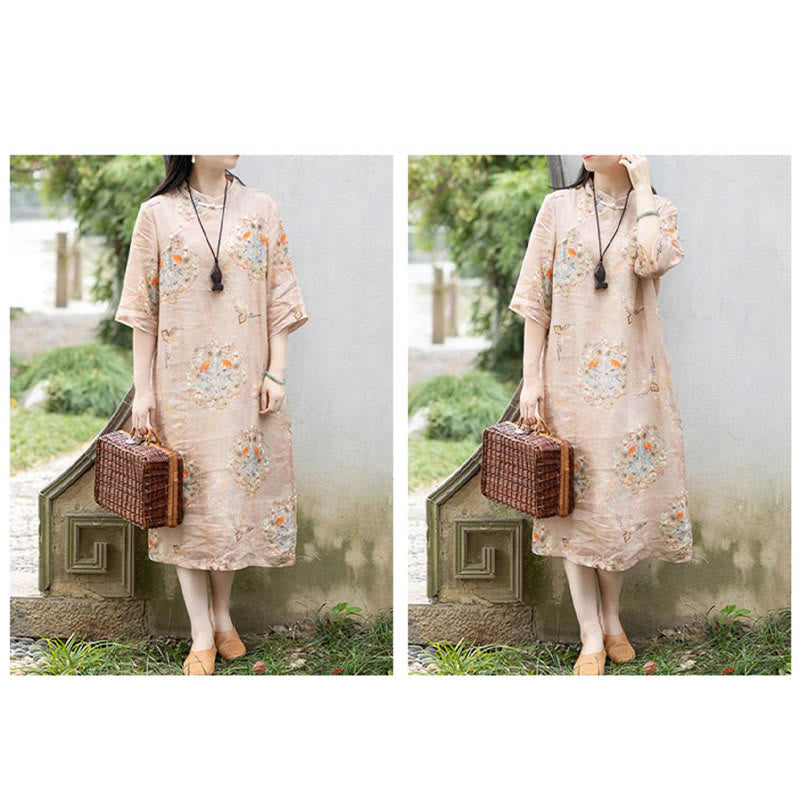 Nimara Ritual Orange Flower Bird Print Cheongsam Midi Dress Cotton Linen Half Sleeve Dress With Pockets