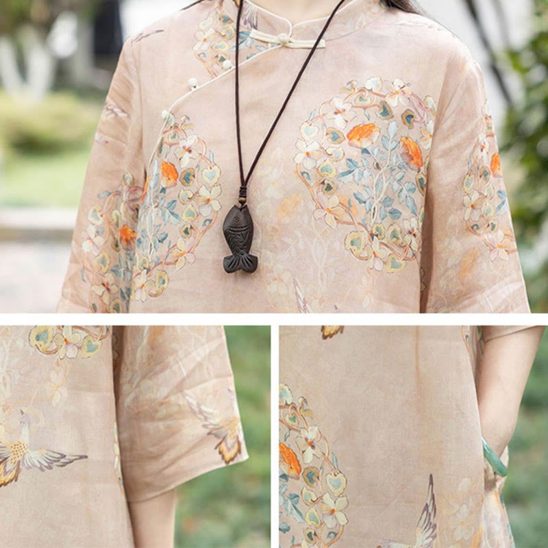 Nimara Ritual Orange Flower Bird Print Cheongsam Midi Dress Cotton Linen Half Sleeve Dress With Pockets