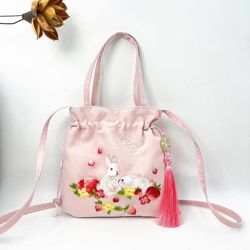 Nimara Ritual Suzhou Embroidery Lotus Deer Epiphyllum Peony Rabbit Cotton Linen Tote Crossbody Bag Shoulder Bag Handbag