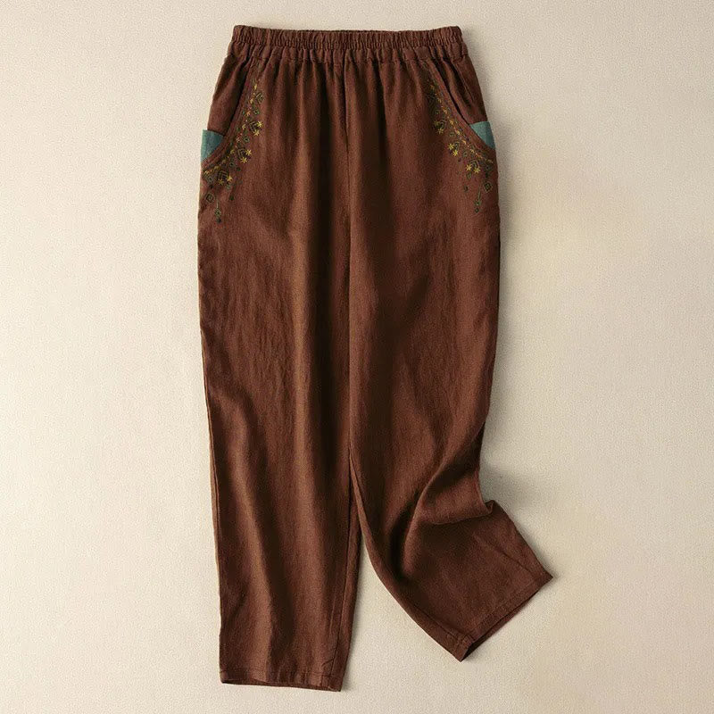 Nimara Ritual Vintage Embroidery Elastic Waist Capri Harem Pants With Pockets