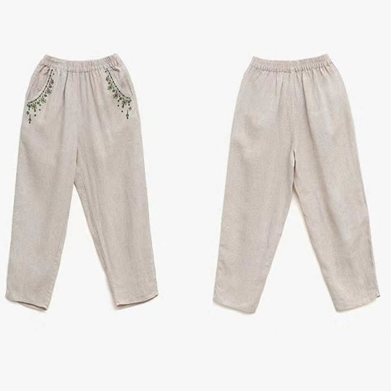 Nimara Ritual Vintage Embroidery Elastic Waist Capri Harem Pants With Pockets